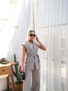 Keten Kuşakli Yelek Ve Pantolon İki̇li̇ Takim resmi
